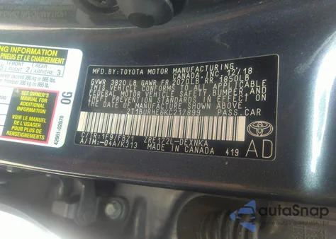 2019 Toyota Corolla Le из США, поврежденный, VIN 2T1BURHE6KC217899